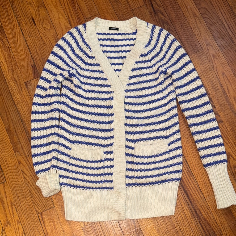 Excellent condition!!! J.Crew Striped Blue and Cream Cable Cardigan, XS.